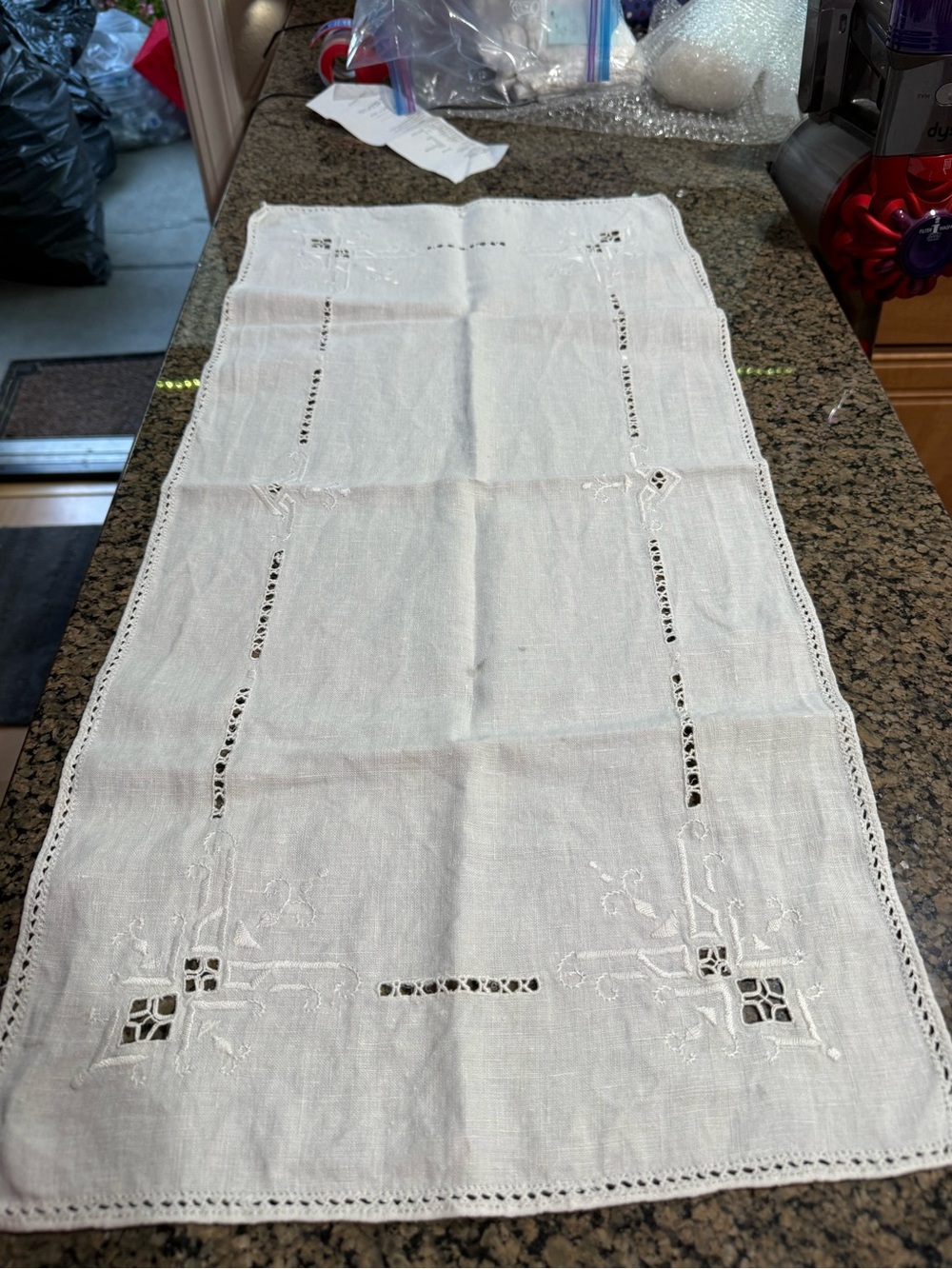 White Embroidered Linen Table Runner